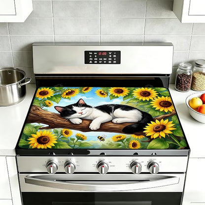 Stove Top Covers for Electric Stove,Sleeping Cat Flat Top Stove Cover,Sunflowers Heat Resistant Glass Top Stove Cover Protector Anti-Slip Range Covers, 28 x 20 Inch