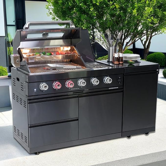 4 Burner Outdoor Kitchen Island with Grill and Side Burner, 72000 BTU Deluxe Stainless Steel Modular Outdoor Kitchen, Gas Propane BBQ Island with Rotisserie, Storage Cabinets & Drawers, 65"W, Black