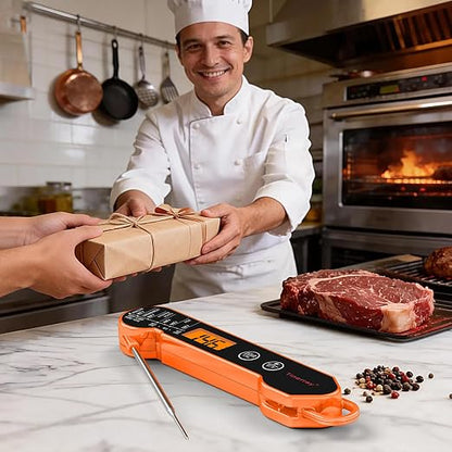 Professional Digital Meat Thermometer Instant Read Waterproof – Folding Probe Food Thermometer with Backlight & Calibration, Fast Read for BBQ, Grill, Deep Fry, Liquids, Gift for Chef (Orange)