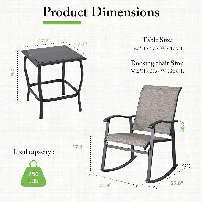 Shintenchi 3 Piece Rocking Bistro Set, Outdoor Furniture with Rocker Chairs and Glass Coffee Table Balcony, Porch Furniture for Small Space, Gray
