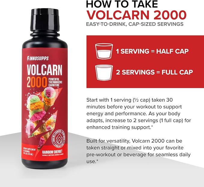 Volcarn 2000 L-Carnitine Liquid Energy, Rainbow Sherbert, 32 Servings | Energy booster and ATP supplement with GBEEC; Enhances focus; Caffeine-free, no artificial sweeteners
