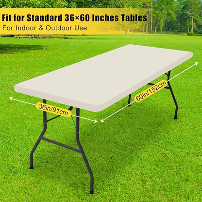 Smiry Rectangle Tablecloth, Elastic Fitted Flannel Backed Vinyl Tablecloths for 5ft Folding Tables, Waterproof Wipeable Table Covers for Indoor, Outdoor, Picnic and Camping (Beige, 36"x60")