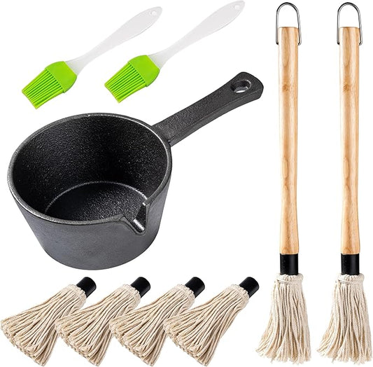BBQ Mop Brush and Cast Iron Sauce Pot Set, 11-in-1 Value Pack includes 2Pcs Wooden Long Handle, 6 Brush Heads, 1 Cast iron BBQ Pan and 2 Silicone Brushes for Grilling all Types of Ingredients