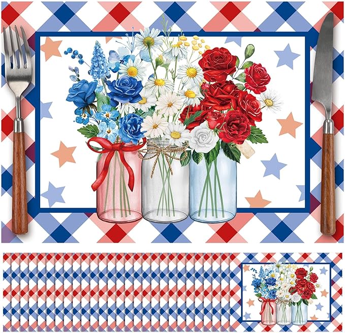 Eaasty 50 Pcs Patriotic Floral Paper Placemats 4th of July 250th Anniversary Disposable Table Mats with Flowers Plaid for Independence Day Memorial Day Supplies Party Table Setting Decoration
