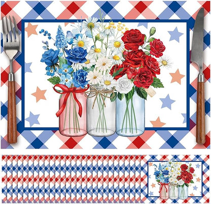 Eaasty 50 Pcs Patriotic Floral Paper Placemats 4th of July 250th Anniversary Disposable Table Mats with Flowers Plaid for Independence Day Memorial Day Supplies Party Table Setting Decoration