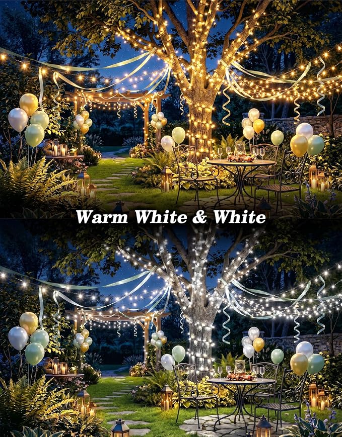 2 Pack 100LED Solar Christmas String Lights Outdoor Waterproof | Total 66FT Twinkle Lights with 8 Lighting Modes Remote for Outside Christmas Trees Decorations, Warm & Cool White