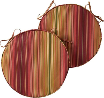 Set of 2 Outdoor 18 inch Round Patio Dining Chair Pads – Comfortable Fiber-Filled Seat Cushions with Ties, Reversible Polyester Fabric - Kinnabari Stripe