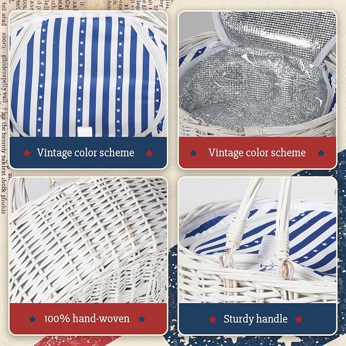 Wicker Picnic Basket 15"x11"x7" Insulated Liner Blue White Stars | Insulated Zip Liner Helps Keep Drinks and Snacks Cool, Sturdy Woven Basket Suits Parks, Camping, Holidays and Gift Giving