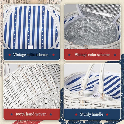 Wicker Picnic Basket 15"x11"x7" Insulated Liner Blue White Stars | Insulated Zip Liner Helps Keep Drinks and Snacks Cool, Sturdy Woven Basket Suits Parks, Camping, Holidays and Gift Giving