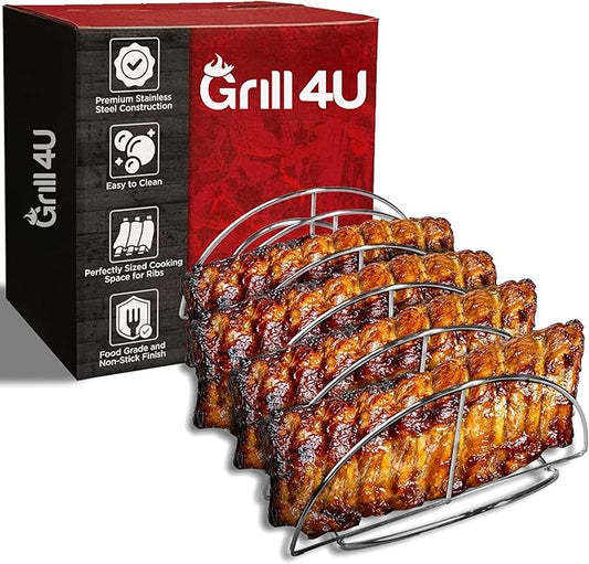 BBQ Rib Rack for Smoking - Heavy Duty 16" Non-Stick Grill Rib Rack | 5-Slot Stainless Steel Smoker Rack for Ribs | Perfect for Grills, Smokers & Ovens | Easy to Clean Dishwasher Safe Roasting Rack