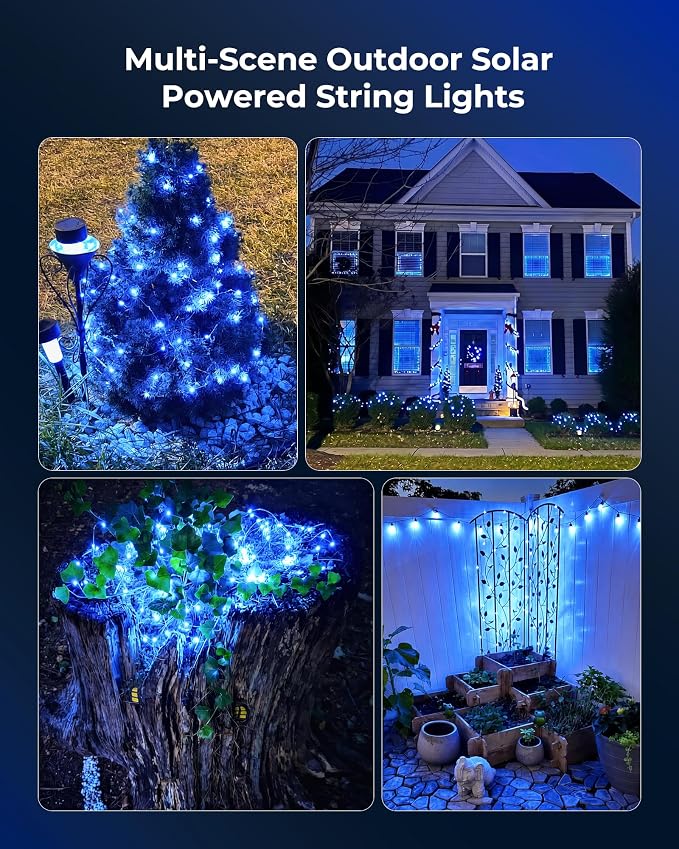 Solar String Lights for Outside, 33Ft 100 LED Fairy Lights Blue ＆ white | IP65 Waterproof Solar Twinkle Lights Outdoor & Indoor, Patio Lights for Tree Garden Christmas Party Wedding Decoration