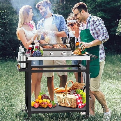 20"x 32" Grill Table with Double-Shelf, Stainless Steel Grill Cart, Multifunctional Food Prep and Pizza Oven Table for Ninja Grill, Blackstone Griddle 17"/22"