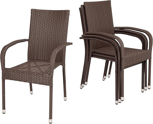 Morgan Outdoor Wicker Stacking Chair - Mocha - Set of 4 - Handwoven No Assembly All Weather Steel Powder Coated Frame Lightweight Indoor Outdoor Porch Backyard Lawn Garden Balcony - Patio Sense 62664