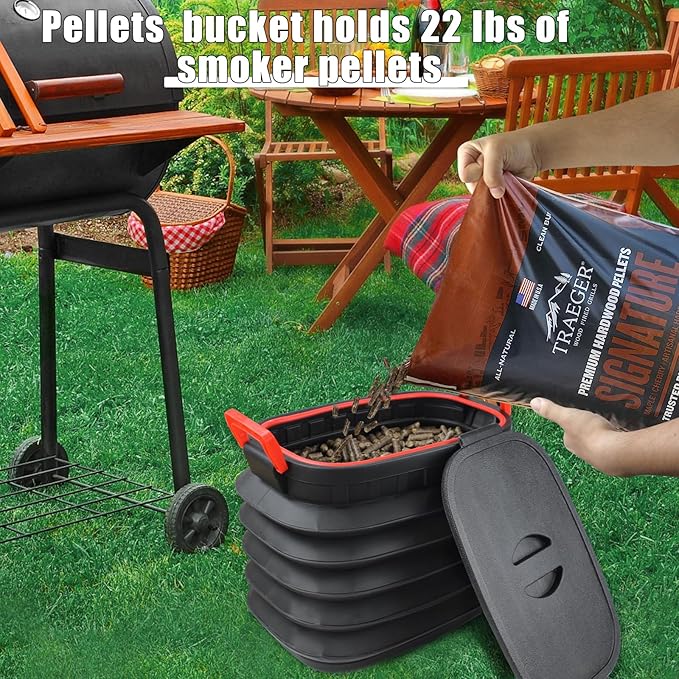 Wood Pellet Storage Containers with Scoop & Stickers Kit - Pellet Bin Pellet Bucket - Pellet Containers for Grill Pellet - Smoker Pellet Storage Pellet Grill Accessory - Black