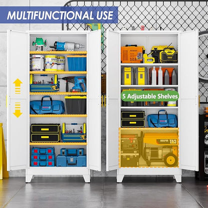 75" Metal Garage Storage Cabinet with 2 Doors and 5 Adjustable Shelves,Metal Storage Cabinets,Steel Tool Cabinets for Home,Office,Garage,Warehouse, Widen (White, 75''H x 32''W x 16''D-B)