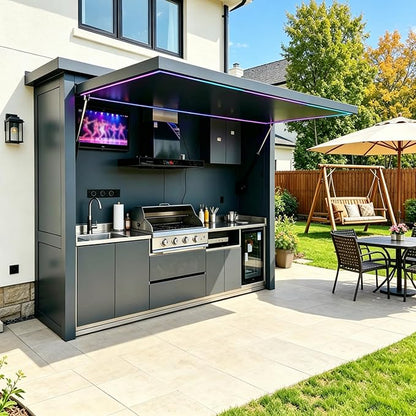 Prefab Outdoor Kitchen Kits, Modular Outdoor Kitchen Pod with Roof Storage Cabinet Burners Sink, Backyard Patio Outdoor BBQ Kitchen Island Cooking Station