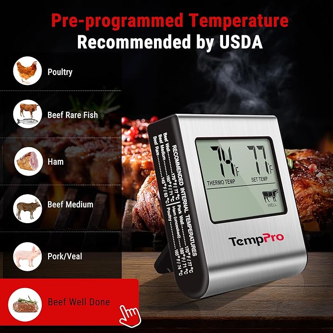 TempPro TP16 Large LCD Digital Meat Thermometer for Smoker Oven Kitchen BBQ Grill Thermometer Clock Timer with Stainless Steel Temperature Probe, Cooking Gifts for Father&Husband(Previously ThermoPro)