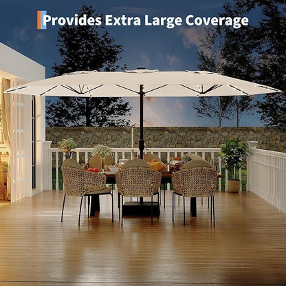 15FT Outdoor Patio Umbrella,Double-Sided Rectangle Market Umbrella with 36 LED Solar Lights & Base,UV50+ Weather-Resistant Oversized Outdoor Umbrella,Crank Lift,3-Way Shade for Pool,Garden,Backyard