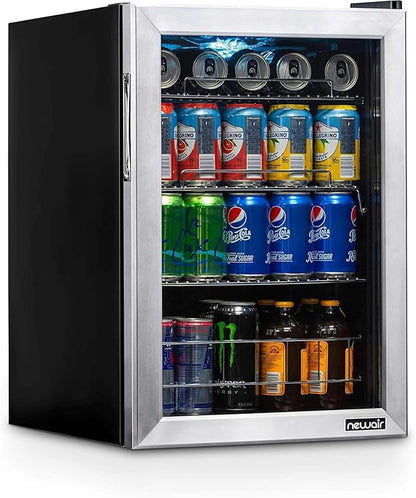 NewAir 90 Can Beverage Refrigerator | 17” Freestanding Small Mini Fridge for Bedroom, Home Bar or Office | Quiet Compressor Cooling & Adjustable Shelves | Stainless Steel