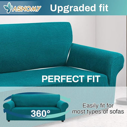 Asnomy Stretch Couch Covers for Sofa Washable, 3 Cushion Couch,Peacock Blue | 1-Piece Sofa Covers(78"-94") 3-Seater Furniture Protector Soft Jacquard,Non-Slip Elastic Bottom For Dogs & Kids