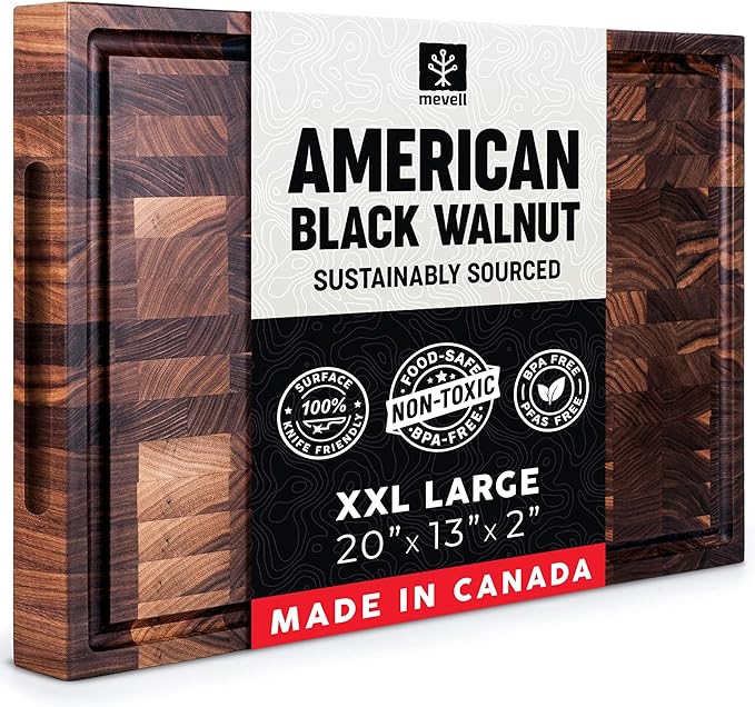 Mevell Walnut End Grain Cutting Board for Kitchen, Reversible Extra Large Wooden Butcher Block With Juice Grooves, Made in Canada (Walnut, 20x13x2)