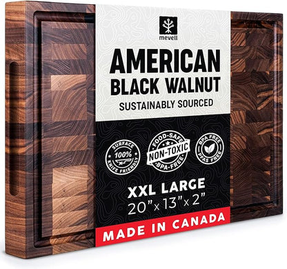 Mevell Walnut End Grain Cutting Board for Kitchen, Reversible Extra Large Wooden Butcher Block With Juice Grooves, Made in Canada (Walnut, 20x13x2)
