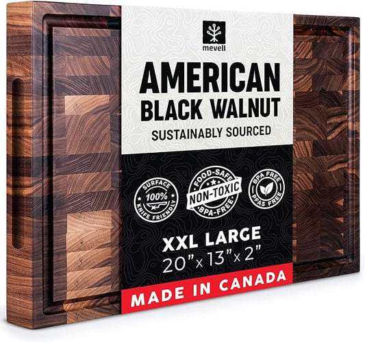 Mevell Walnut End Grain Cutting Board for Kitchen, Reversible Extra Large Wooden Butcher Block With Juice Grooves, Made in Canada (Walnut, 20x13x2)