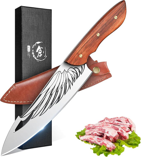 ROCOCO Cleaver Knife for Meat Cutting Butcher Viking Boning Knife Hand Forged In Fire Chopping Cutter with Sheath Outdoor BBQ Camping Birthday Christmas Chef Gift Idea Men 8.4"