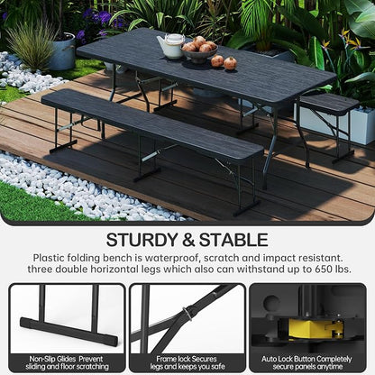 VSOAEIL 6 Foot Folding Bench, 6 FT Foldable Plastic Bench Indoor & Outdoor | 6 Feet Portable Bench Seating with Handle and HDPE Tabletop - Party, Dining, Picnic, Camping, Sports, Temporary Events, Black