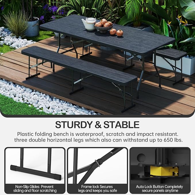 VSOAEIL 6 Foot Folding Bench 2 Pack, Foldable Plastic Bench Indoor Outdoor | 6 Feet Portable Bench Seating with Handle and HDPE Tabletop - Party, Dining, Picnic, Camping, Sports, Temporary Events, Black