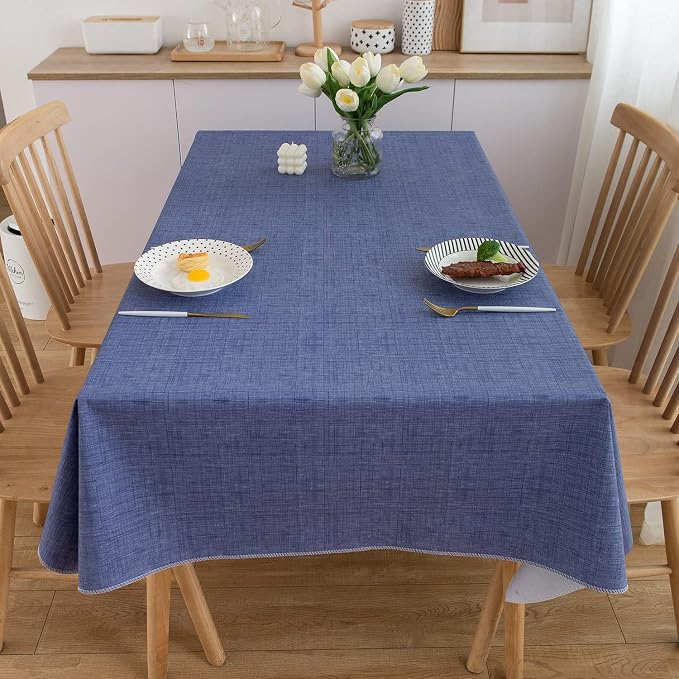 LIBERECOO Vinyl Tablecloth with Flannel Backing, Denim Blue, Waterproof, Stain-Resistant, Easy-Clean Table Cover for Dining, Kitchen, and Outdoor Use, 60" x 120" Rectangle