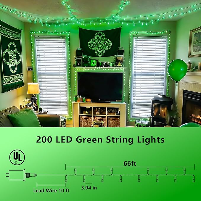 YEGUO 66ft 200 LED Green String Lights Outdoor Waterproof, Green Wire Christmas Lights Indoor, 8 Modes Twinkle Lights for Christmas Tree Plug in with Timer Memory