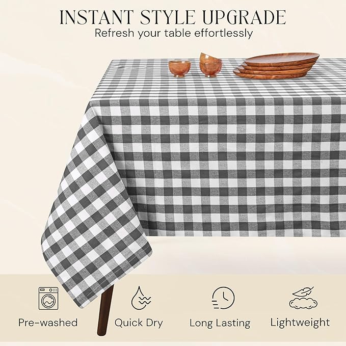 Gingham Buffalo Check 52"x70" Tablecloth 100% Cotton Washable Rustic Rectangle Table Cover Decorative for Gifts, Dining, BBQ, Buffet Parties & Camping - Grey