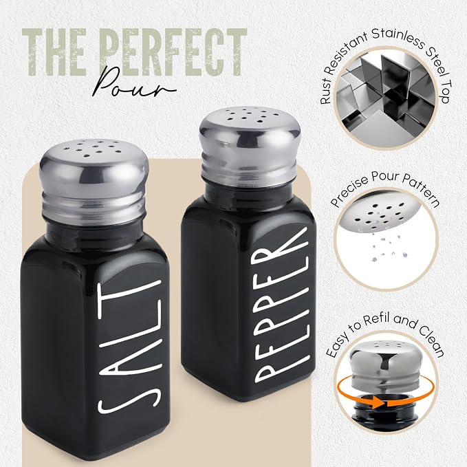 Black Salt and Pepper Shakers Set with Holder by Brighter Barns - Cute Salt Shaker with Caddy - Farmhouse Kitchen Decor for Dining Table Centerpiece, Gothic or Halloween Home Decor, Restaurant (Black)