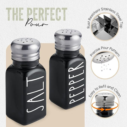 Black Salt and Pepper Shakers Set with Holder by Brighter Barns - Cute Salt Shaker with Caddy - Farmhouse Kitchen Decor for Dining Table Centerpiece, Gothic or Halloween Home Decor, Restaurant (Black)