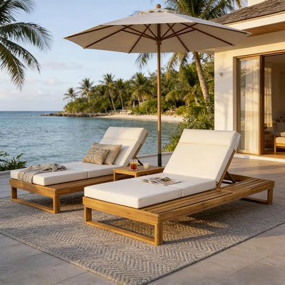Merax 2 Piece Teak Finish Acacia Wood Chaise Lounge with 4-Inch Cream 4-Fold Cushion Set, Adjustable Outdoor Patio Lounger with Flat Side Surface, for Poolside