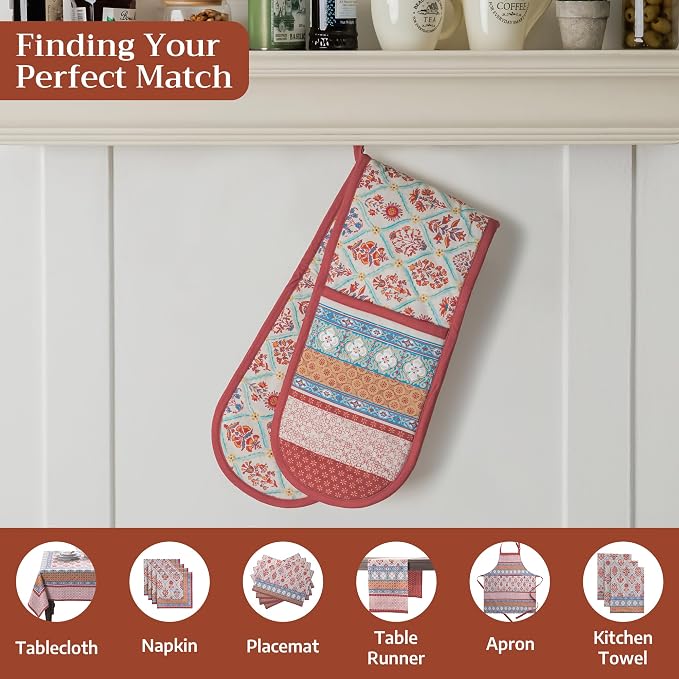 Maison d' Hermine Double Oven Mitts 100% Cotton Double Oven Glove (7"x35") | Heat Resistant BBQ Cooking Gloves with Loop Baking Kitchen Home Hotel Farmhouse Thanksgiving Christmas - Romane