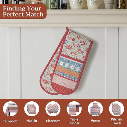 Maison d' Hermine Double Oven Mitts 100% Cotton Double Oven Glove (7"x35") | Heat Resistant BBQ Cooking Gloves with Loop Baking Kitchen Home Hotel Farmhouse Thanksgiving Christmas - Romane