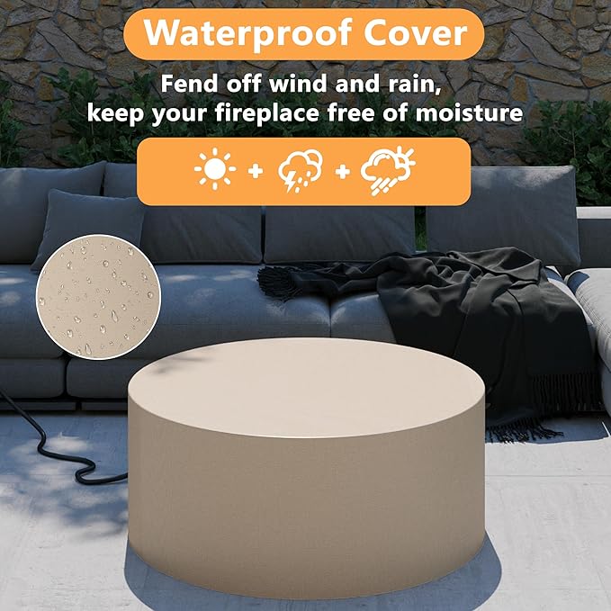 32 inch Round Propane Fire Table, 50,000 BTU Gas FirePit, Patio Fire Pit Table with Steel Lid, Rain Cover, 10ft Propane Hose, Lava Rocks, White