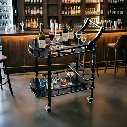 Entertainment Kitchen Cart, Midcentury Modern Imported rubberwood Black Finished Wood 2-Tier Mobile Bar Cart Serving Cart