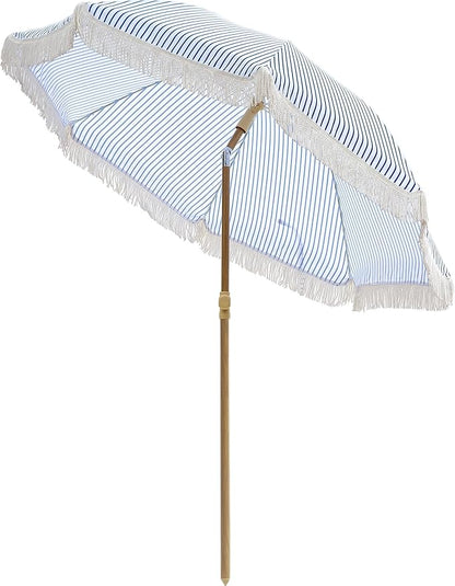6.5FT Boho Patio Umberlla with Fringe,UPF50+ Outdoor Umbrella with Fiberglass Ribs and Push Button Tilt,Tassels Umbrella for Beach,Terrace,Picnic