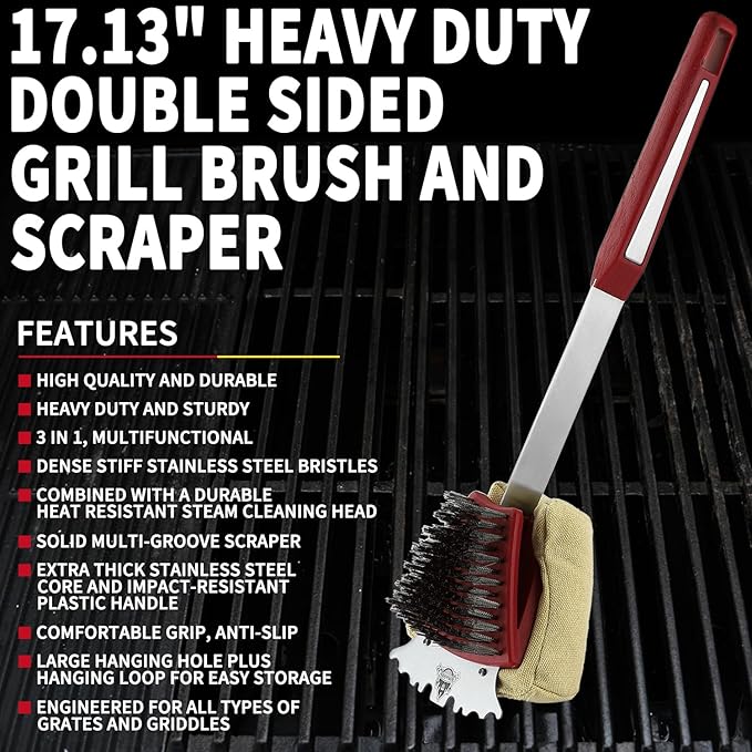 GRILLGEN Grill Brush and Scraper -Heavy Duty Double-Sided with Steam Cleaner Head for Porcelain，Cast Iron, Stainless Steel Grates, Outdoor BBQ Grill Cleaner Accessories