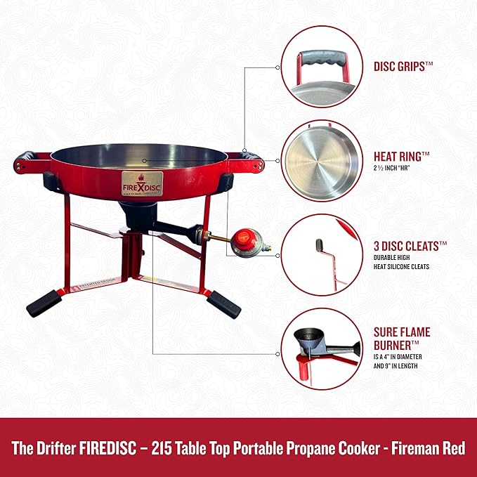 FIREDISC 215 Limited Edition Ultra Portable Tabletop Propane Cooker in Fireman Red TCGFD215R, 16.5-in. Plow Disc Camping Stove is an Ideal Portable Stove, Tailgate Grill, or Propane Outdoor Cooking