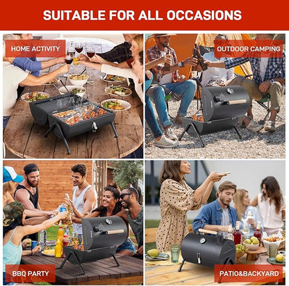 Portable Charcoal Grill, Tabletop Outdoor BBQ Smoker with Chimney, Built-in Thermometer & Wooden Handle, Foldable Camping Grill for Outdoor Cooking Camping,Picnics,Backyard, Black (42 * 30 * 36cm)