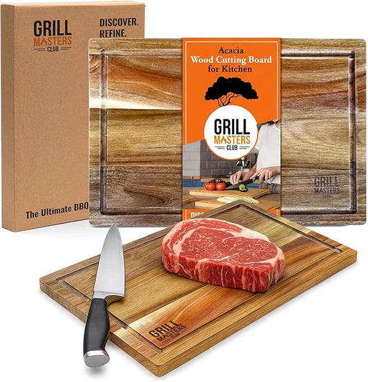 Grill Masters Club Premium Acacia Wood Cutting Board for Kitchen | Large Wooden Cutting Board with Juice Groove | Lightweight Grill for BBQ Masters, & Cooking Enthusiasts-Ideal for Gift