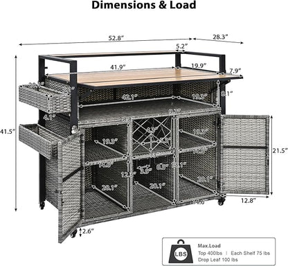 52.8" W Wicker Outdoor Grill Cart with Extended Plastic Wood Table Top,Rolling Kitchen Island on Wheels with Cabinet and Double Handle,for Patio Backyard Garden Poolside (Grey#t)