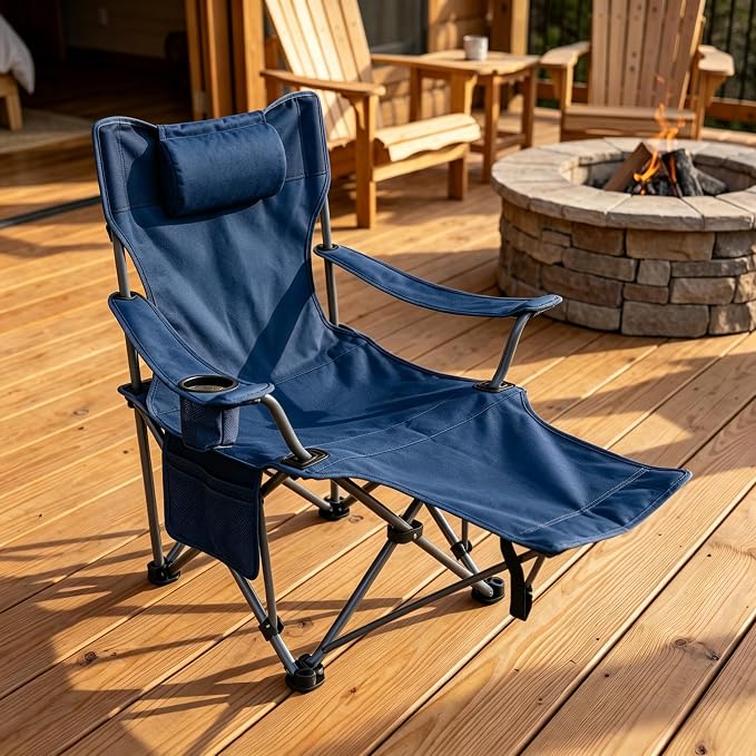 Adjustable Folding Beach Chair, Portable Camping Chair for Adults with Backrest, Reclining Outdoor Chair with Cup Holder & Pocket, Foldable Low Beach Chair for Camping, Picnic, Navy Blue