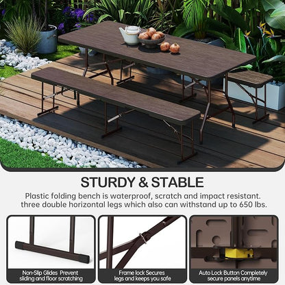 VSOAEIL 6 Foot Folding Bench 2 Pack, Foldable Plastic Bench Indoor Outdoor | 6 Feet Portable Bench Seating with Handle and HDPE Tabletop - Party, Dining, Picnic, Camping, Sports, Temporary Events, Brown