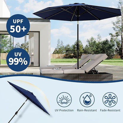 Garvee patio Umbrella with Solar Lights, Outdoor Table Umbrella with 8 Durable Ribs, Tilt & Crank Mechanism, Waterproof & UV Protection for Garden, Backyard, Poolside,