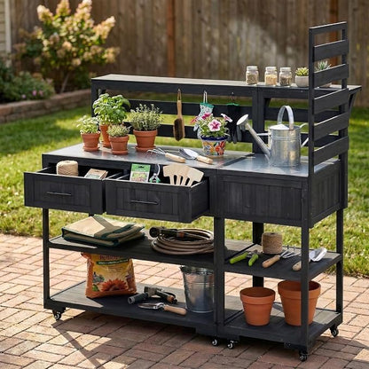 Outdoor Kitchen Cart with Stainless Steel Top, 62.3 Inch | Fir wood frame, stainless surface, raised shelf, fixed shelf, 2 lockable wheels, split-use design, BBQ prep, patio garden use
